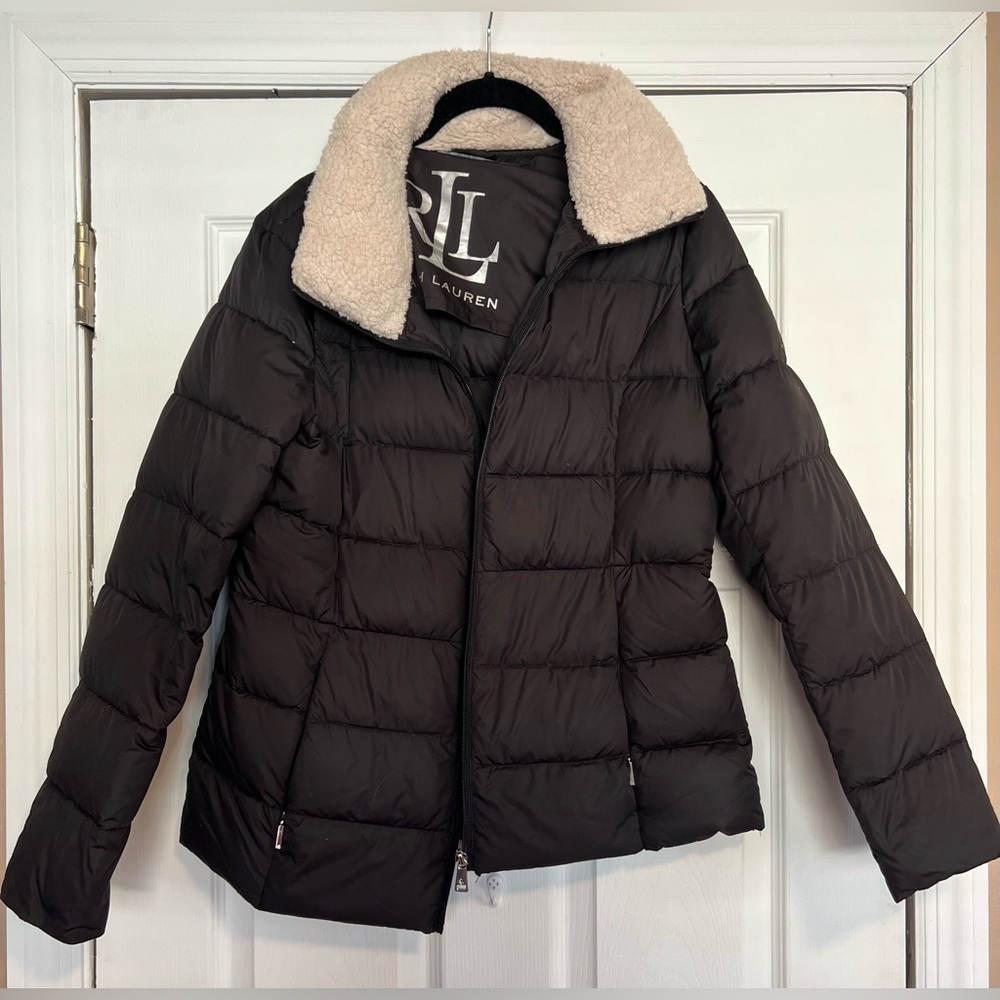 Ralph Lauren Women's Black Puffer Coat with Cream Collar